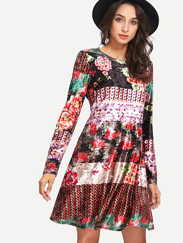 Shein Mixed Print Swing Velvet Dress
