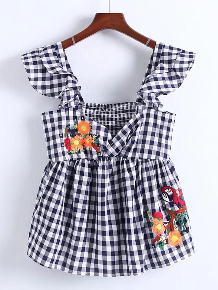 Shein Grid Ruffle Trim High Low Top