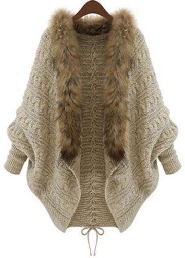 Rosewe Chic Long Sleeve Artificial Fur Decorated Beige Cardigans