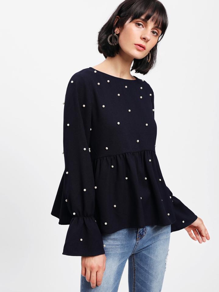 Shein Pearl Beaded Ruffle Cuff Smock Top
