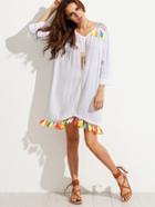 Shein White Embroidered Tassel Trim Shift Dress