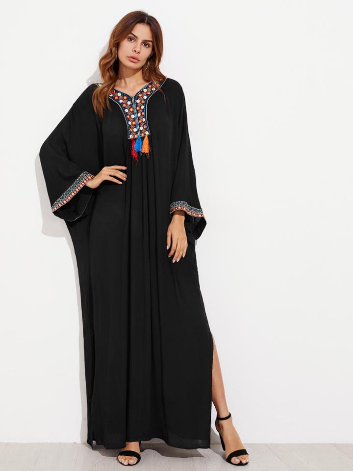 Shein Embroidered Tape And Tassel Embellished Kaftan Dress