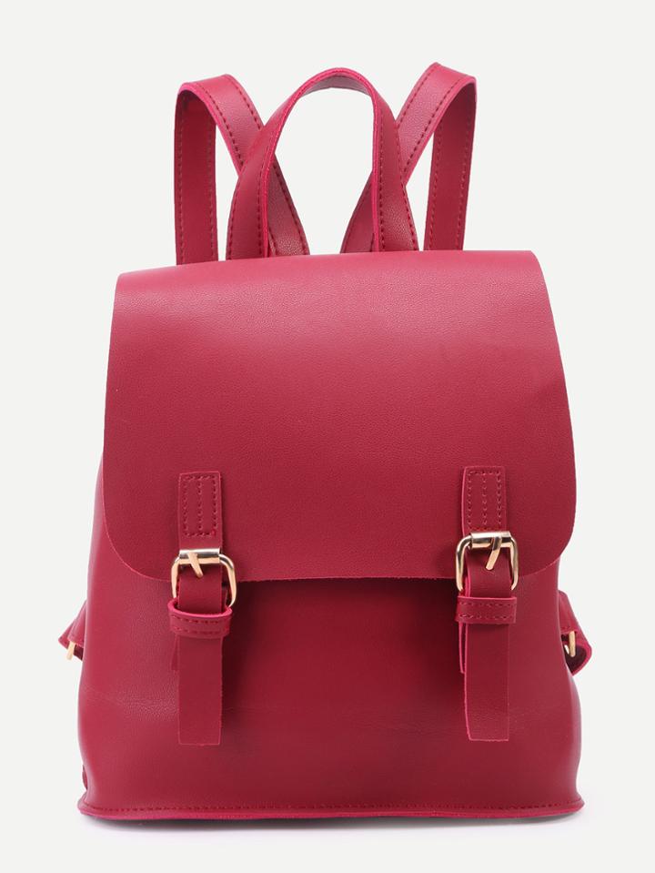 Shein Red Pu Double Buckle Flap Backpack