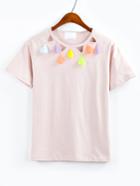 Shein Cutout Tassel Neck T-shirt - Pink
