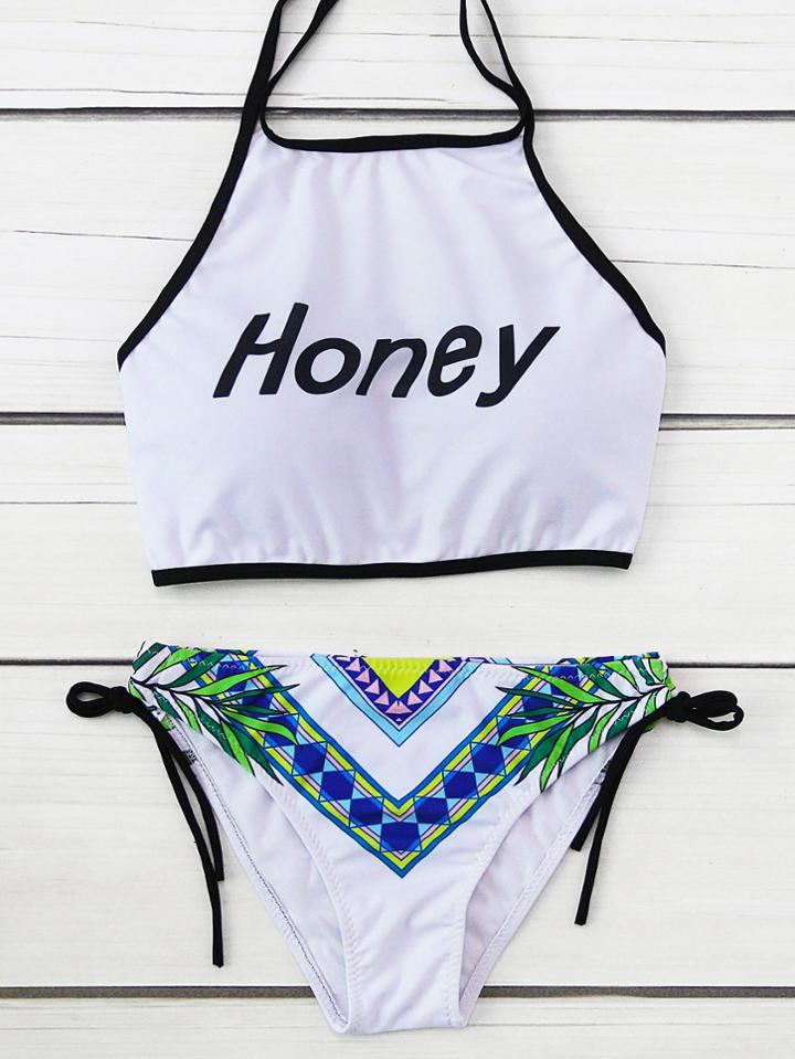 Shein Graphic Print Contrast Trim Halter Bikini Set