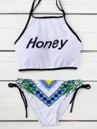 Shein Graphic Print Contrast Trim Halter Bikini Set