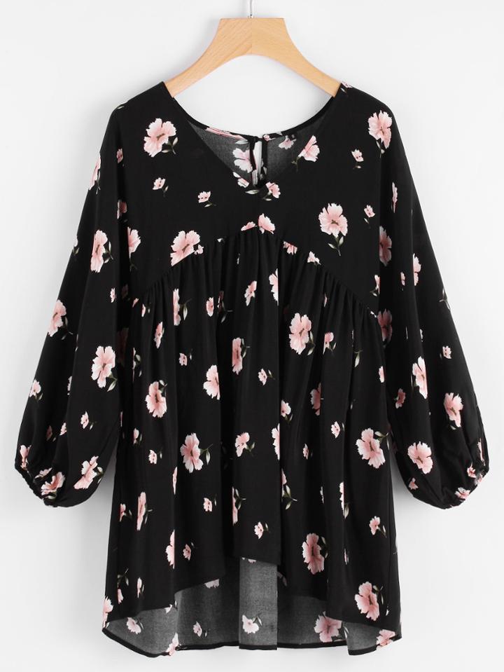 Shein Flower Print Lantern Sleeve Smock Top
