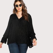 Shein Plus Glitter Striped Tie Neck Top