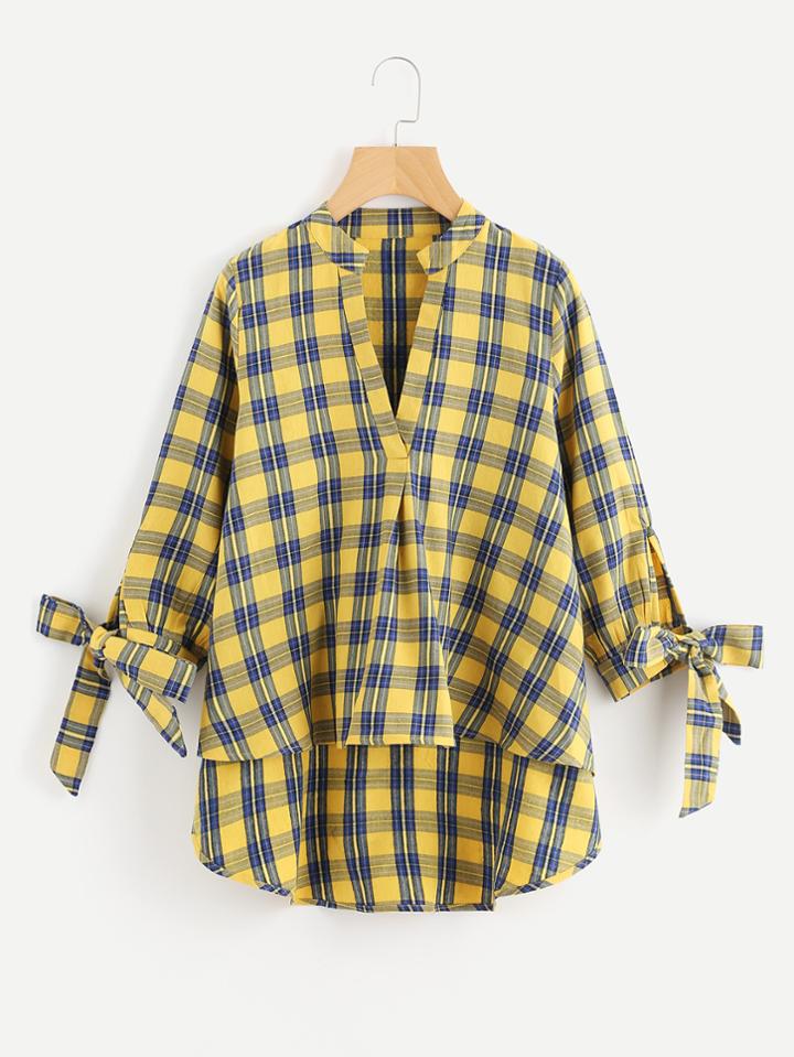 Shein V-placket Bow Cuff Dip Hem Check Blouse