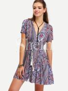 Shein Multicolor V Neck Vintage Print Tassel Dress