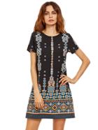 Shein Orange In Black Aztec Print Shift Dress