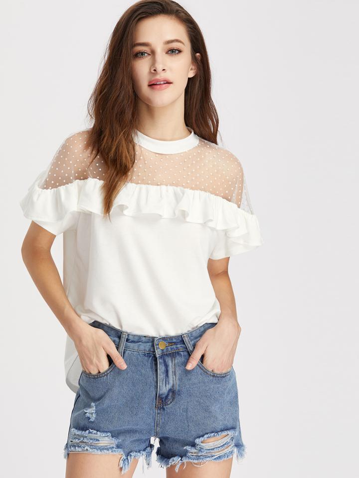 Shein Dobby Mesh Shoulder Frill Trim Tee
