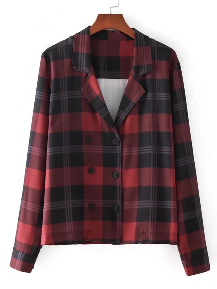 Shein Double Breasted Plaid Blazer