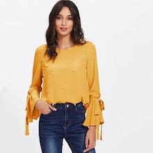 Shein Pearls Beaded Bell Sleeve Top