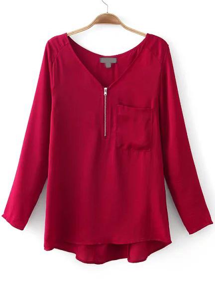 Shein Red V Neck Zipper Pocket Loose Blouse