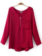 Shein Red V Neck Zipper Pocket Loose Blouse