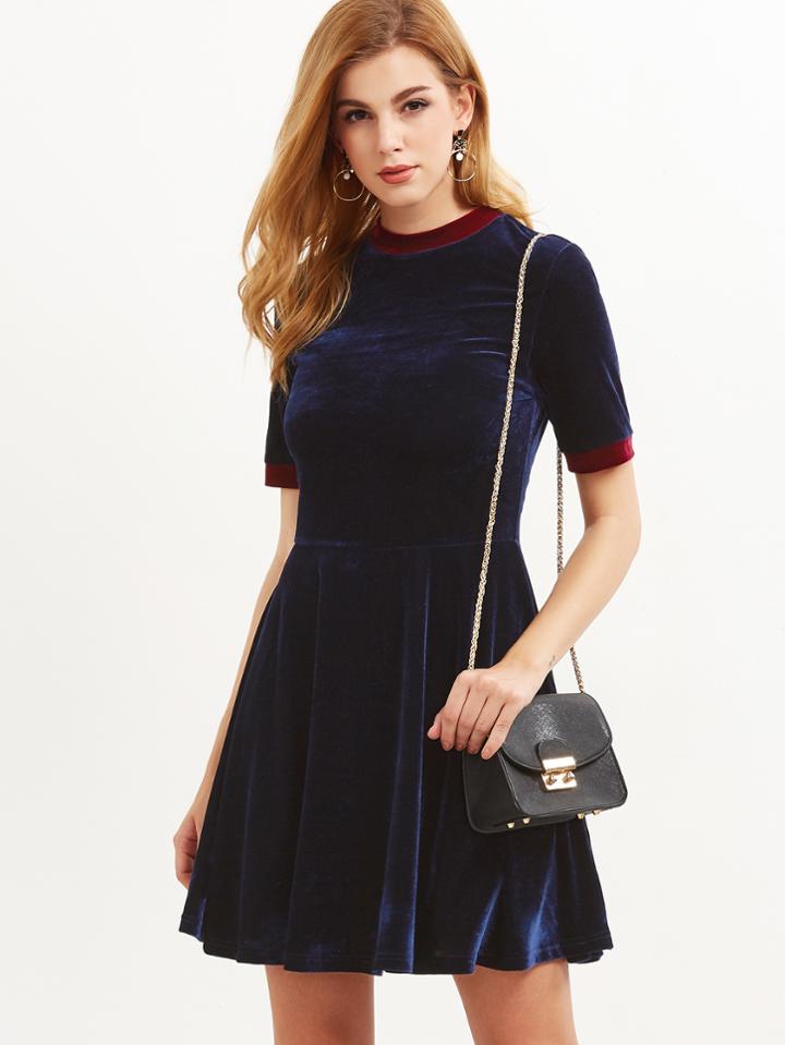 Shein Navy Contrast Trim Velvet Skater Dress