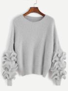 Shein Grey Drop Shoulder Ruffle Trim Fuzzy Sweater