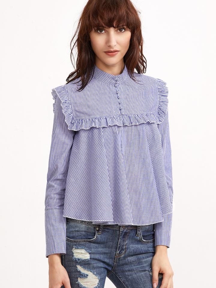Shein Frill Yoke Striped Button Front Swing Blouse