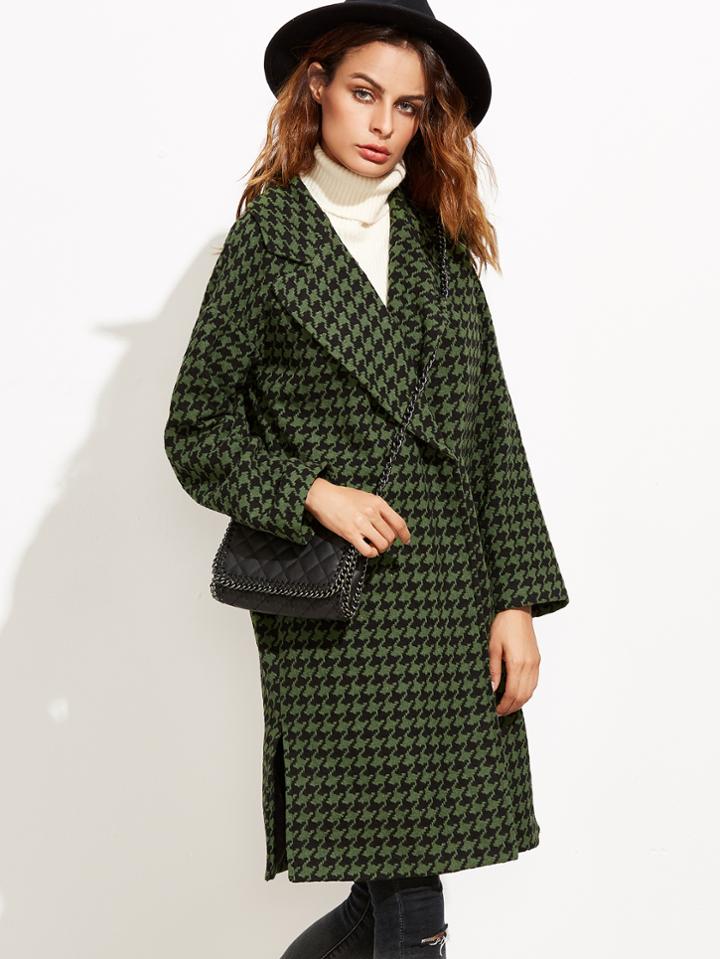 Shein Green Houndstooth Hidden Button Coat