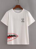 Shein Panda & Shark Print T-shirt - White