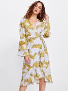 Shein Flower Print Bell Sleeve Wrap Dress