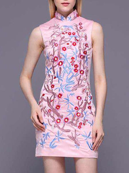 Shein Pink Collar Embroidered Sheath Dress