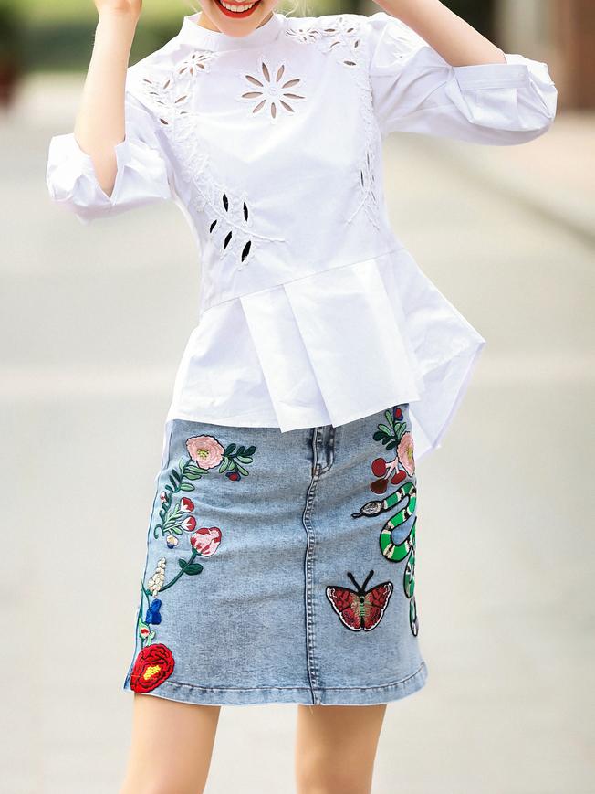 Shein White Hollow Embroidered High Low Blouse