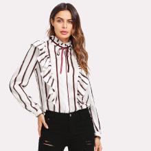 Shein Tie Neck Frill Trim Striped Blouse
