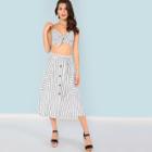 Shein Striped Print Crop Cami Top & Button Up Skirt Set