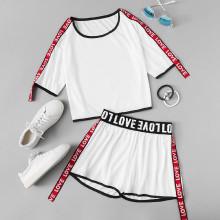 Shein Contrast Binding Stripe Ribbon Patched Crop & Shorts Set