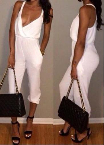 Rosewe Plunging Neck Pocket Design White Jumpsuit