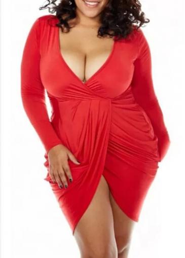 Rosewe Long Sleeve Deep V Neck Red Tulip Dress