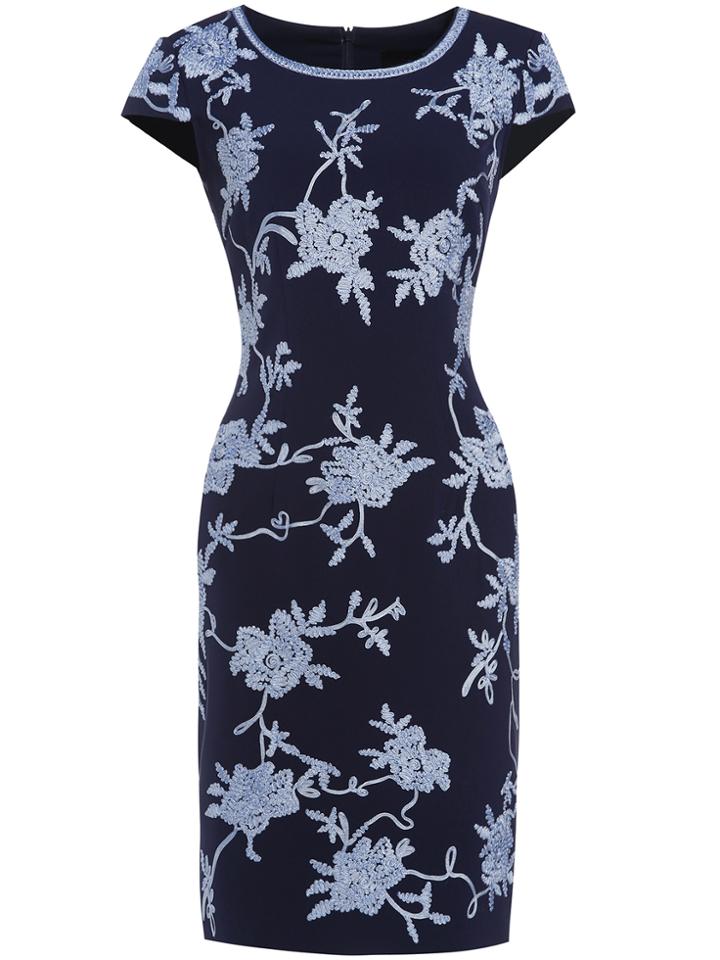 Shein Navy Crew Neck Disc Flowers Sheath Dress