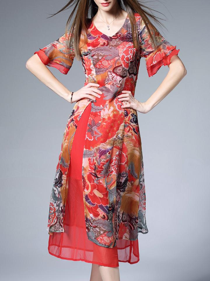 Shein Red V Neck Bell Sleeve Print Dress