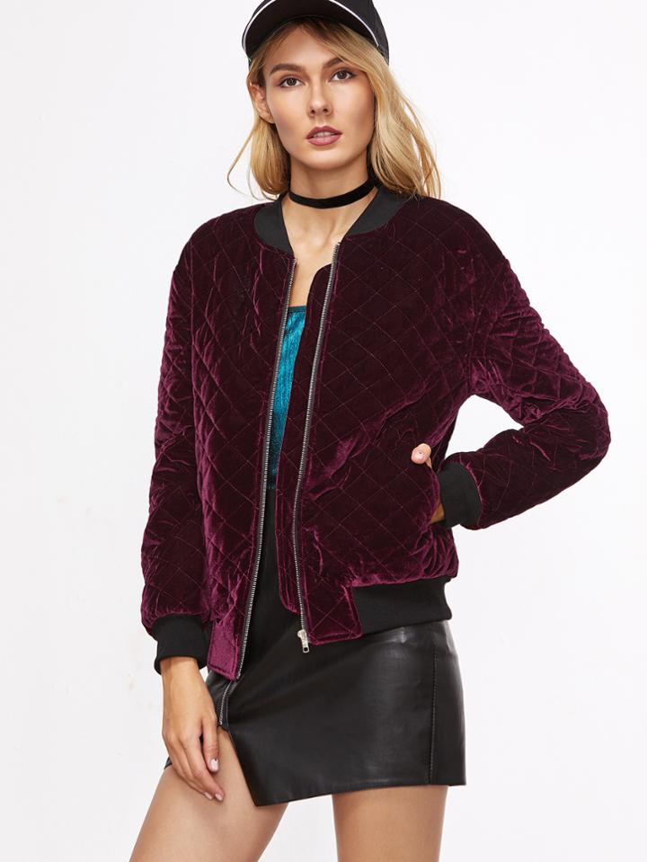Shein Burgundy Contrast Trim Zipper Up Quilted Velvet Bomber Jacket