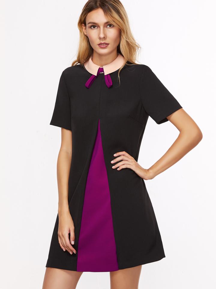 Shein Black Bow Tie Contrast Collar Split Dress