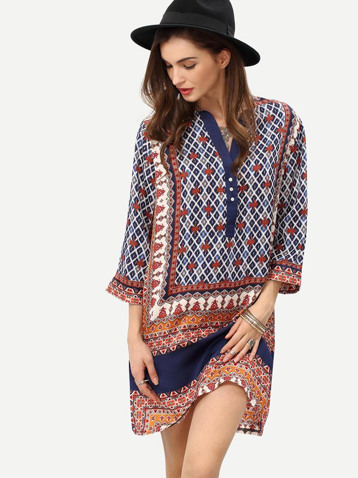 Shein Buttoned Front Tribal Print Tunic Dress