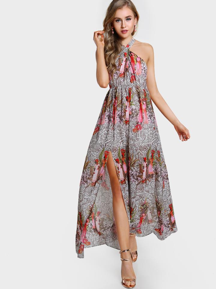 Shein Keyhole Cross Neck Tribal Print Backless M-slit Dress