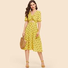 Shein Drawstring Front Cutout Midriff Ditsy Dress