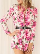 Shein White Long Sleeve Floral Print Jumpsuit