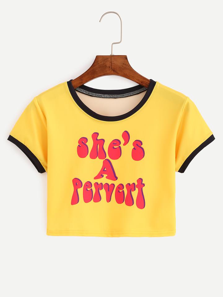 Shein Contrast Trim Letter Print Crop T-shirt - Yellow