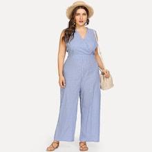 Shein Plus Wrap Striped Wide Leg Jumpsuit