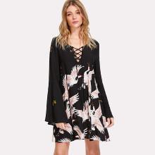 Shein Crane Bird Print Lace Up Neck Dress
