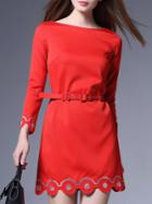 Shein Red Contrast Gauze Belted Scallop Dress