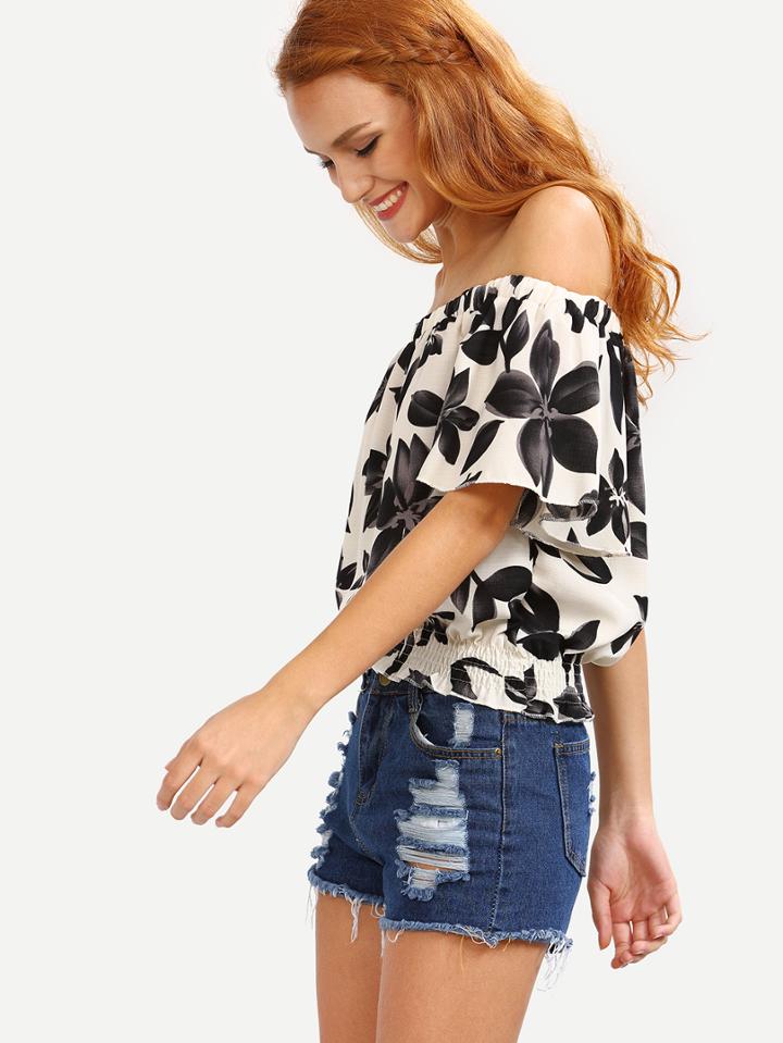 Shein Off-the-shoulder Flower Print Shirred Hem Top - White