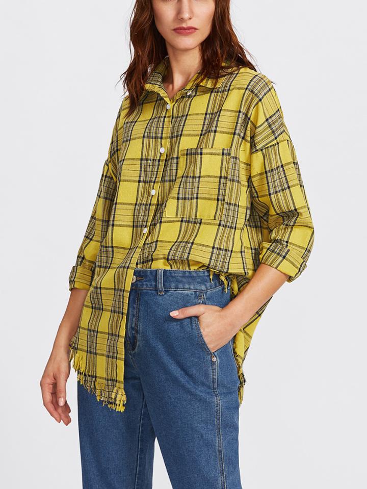 Shein Tartan Plaid Frayed Hem Drop Shoulder Shirt