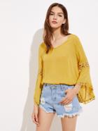 Shein Hollow Out Lace Panel Fluted Sleeve Blouse