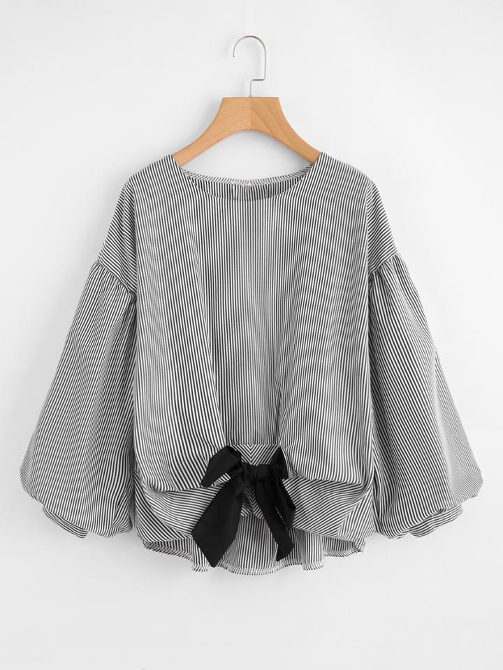 Shein Exaggerated Lantern Sleeve Bow Detail Pinstripe Blouse