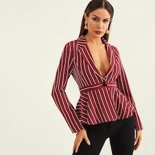 Shein Ruffle Detail Notch Neck Striped Blazer